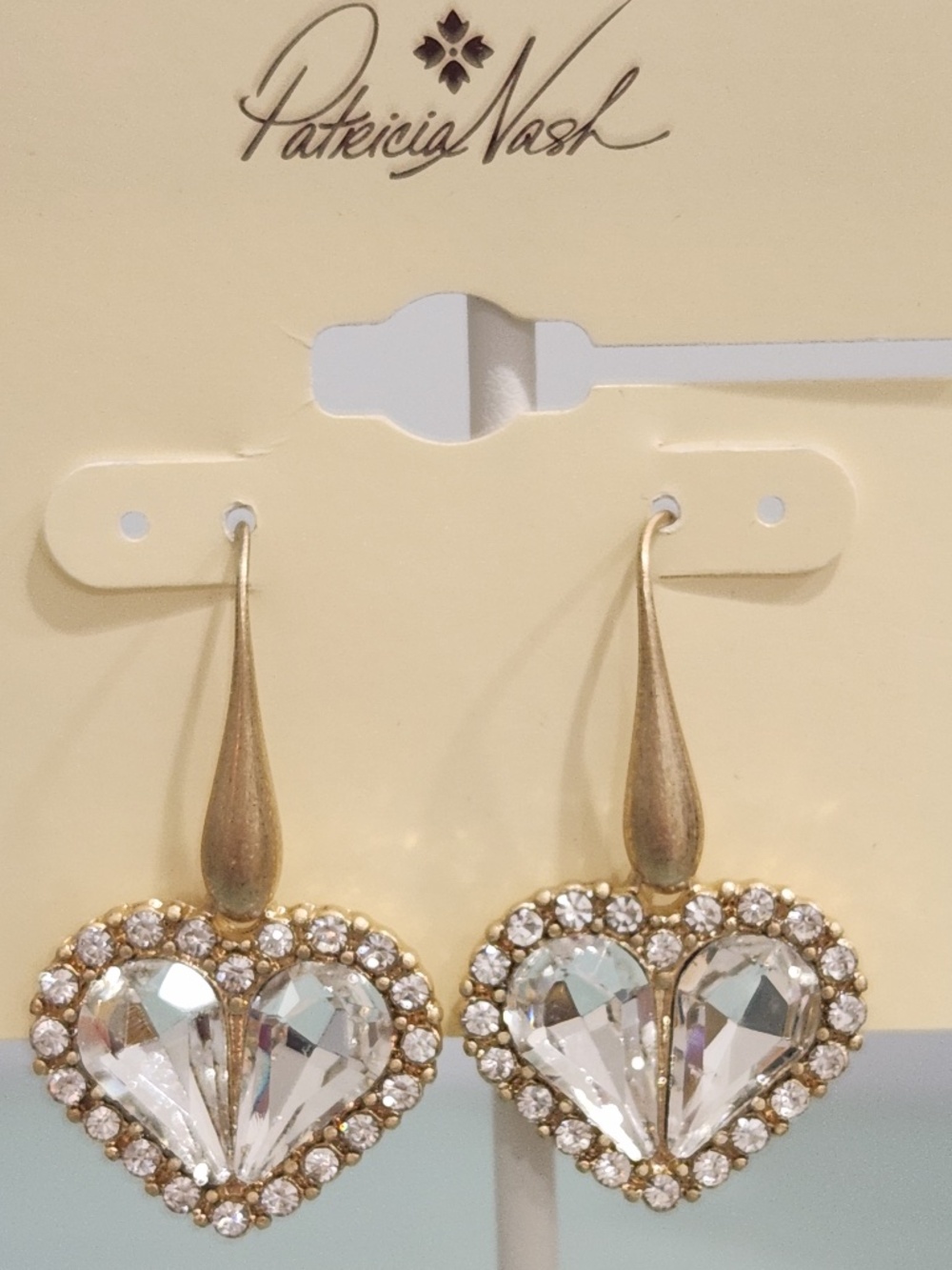 Patricia Nash Crystal & Pave Heart Drop Dangle Earrings Worn Gold French Wire